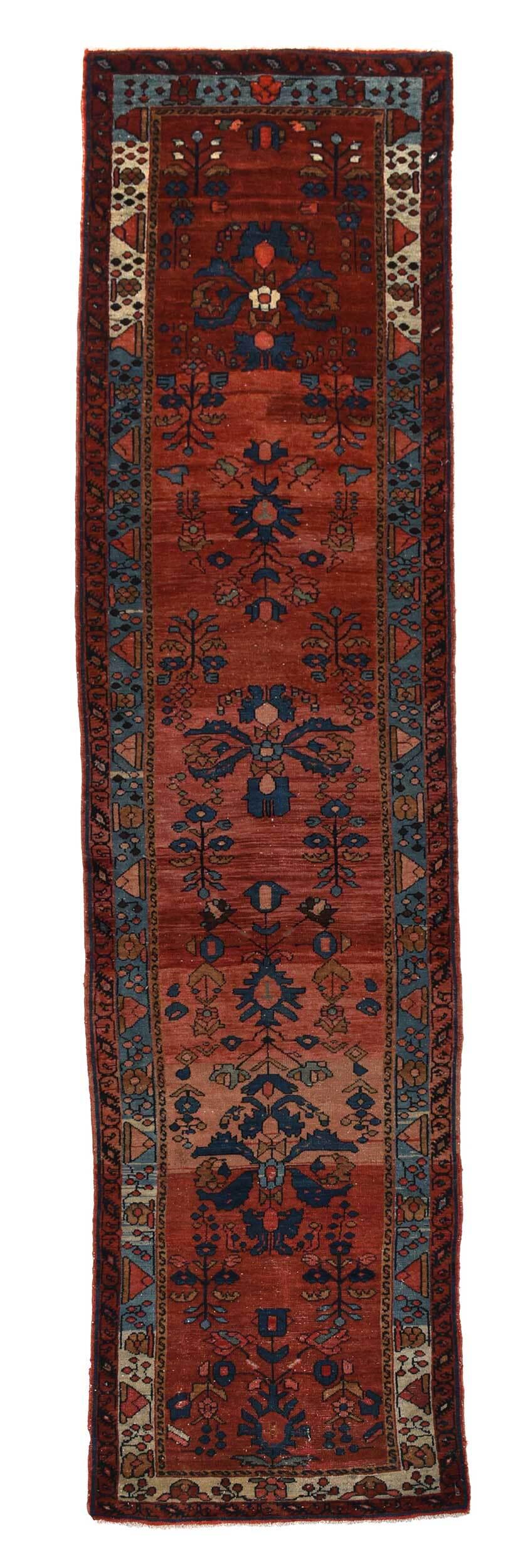 Hamadan Runner: 20th century, red field with floral geometric patterns, blue border, 12 ft. 9 in. x 3 ft.
