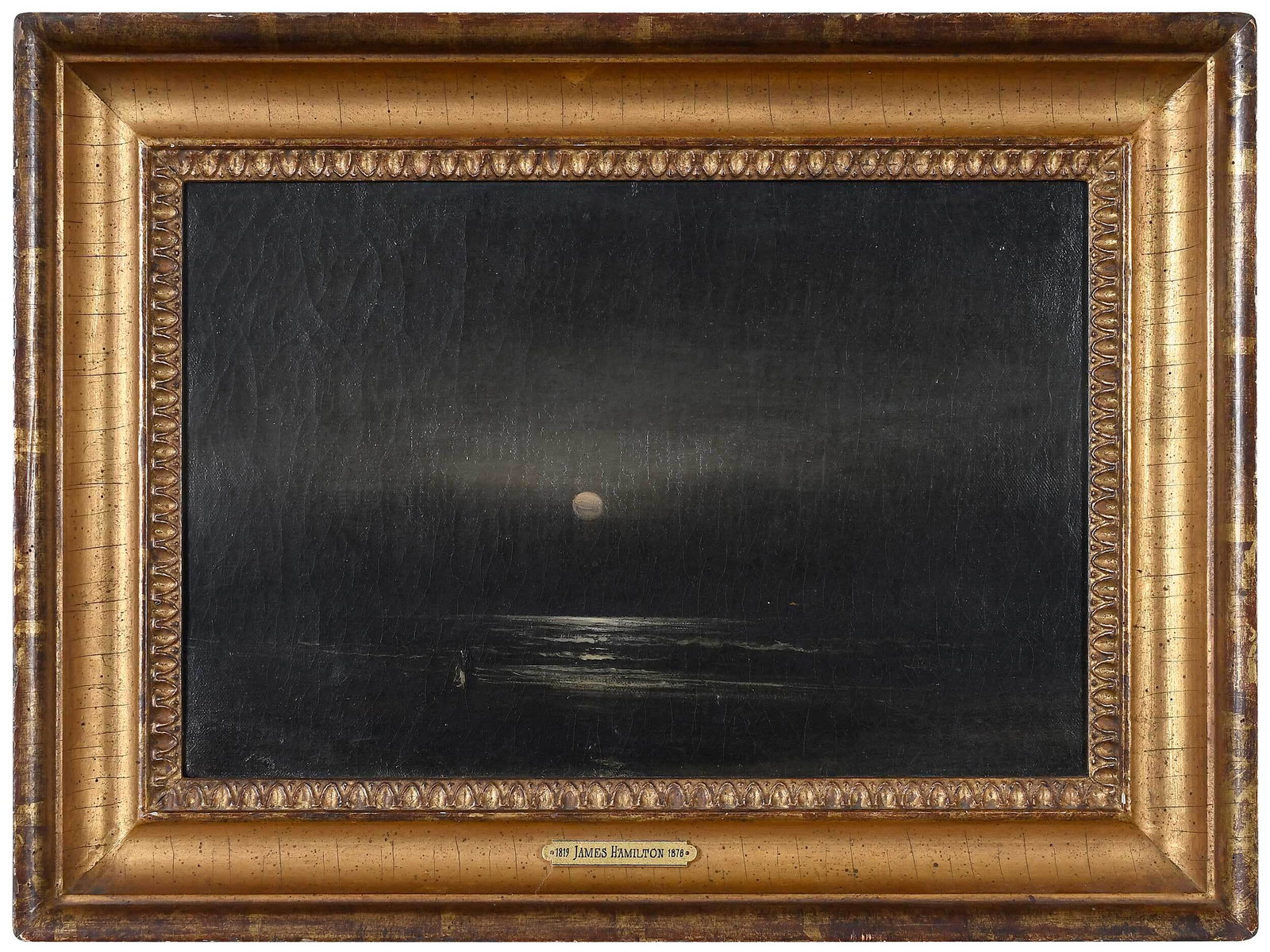James Hamilton: (American, 1819-1878) Moonlit Beach Scene, unsigned, oil on canvas, 10-1/4 x 15-1/2 in.; reproduction carved gilt wood frame, 15 x 20-1/4 in. Note: Exhibited: Philadelphia Collection, 1976, Frank S. S