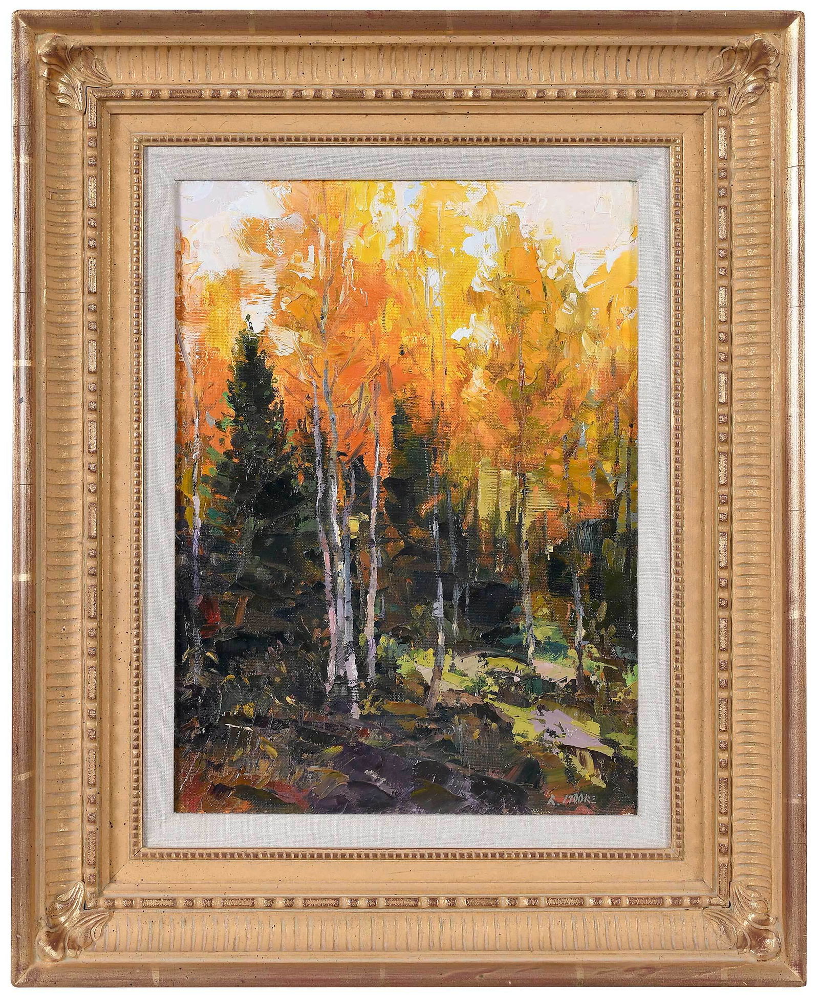 Robert Moore: (Idaho, born 1957) Autumn Study, signed lower right "R. Moore", oil on prepared canvas board, 16 x 12 in.; gilt wood frame, 22-3/4 x 18-3/4 in. Provenance: Trailside Gallery, Scottsdale, Arizona (labe