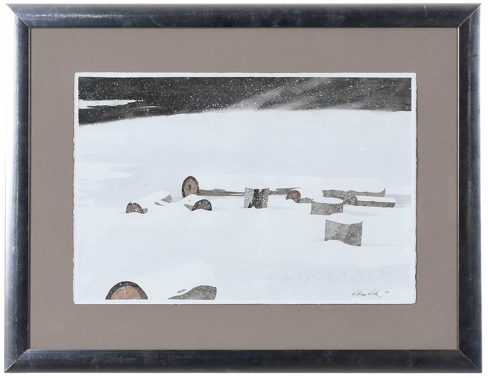 William Wolk: (American, born 1951) Snow Devil, signed lower right "William Wolk '83", watercolor on paper, 15 x 22-1/4 in.; silver gilt wood frame, 24 x 31-1/2 in. Provenance: Private North Carolina Collection