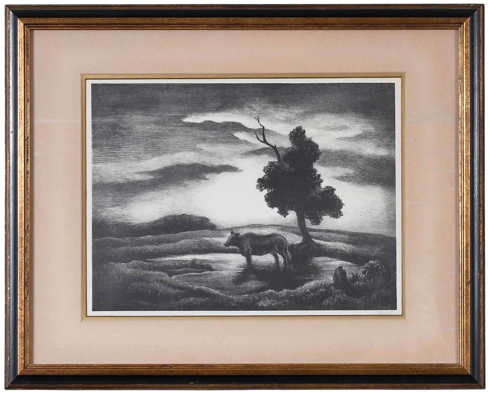 Thomas Hart Benton Lithograph: (Missouri/Massachusetts/Kansas, 1889-1975) Sunset, 1941, published by Associated American Artists, signed lower right "Benton", lithograph on paper, sheet 11-3/4 x 15 in.; parcel gilt and painted wood