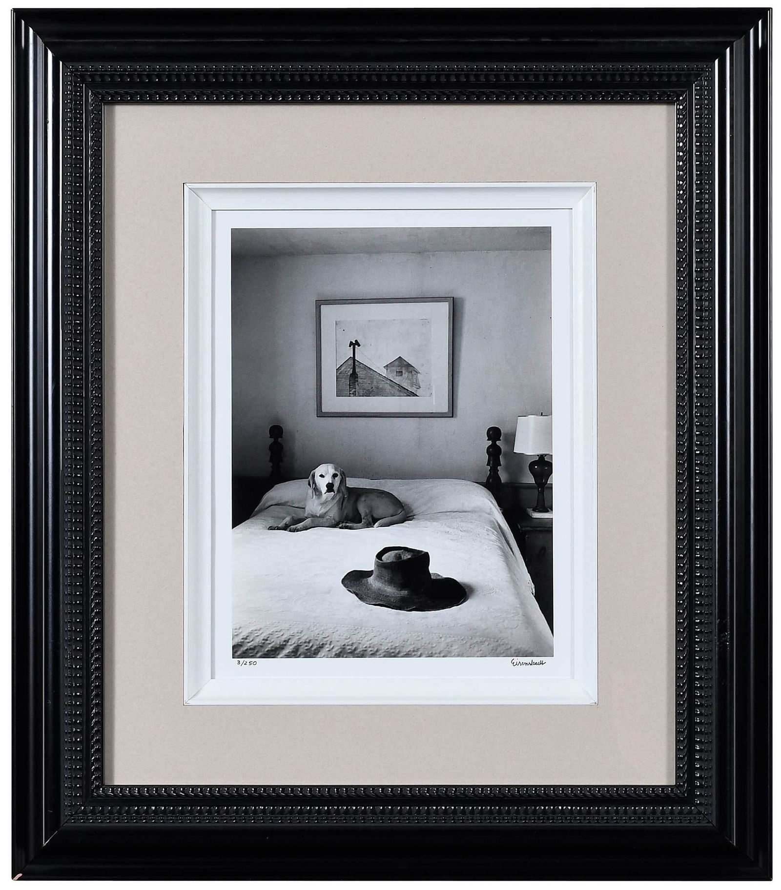 Alfred Eisenstaedt: (German/America, 1898-1995) Andrew Wyeth's Bed, Hat and Dog, Cushing, Maine, 1965, signed recto margin lower right, editioned 3/238, gelatin silver print, sheet 14 x 11 in.; fine black finished wood f