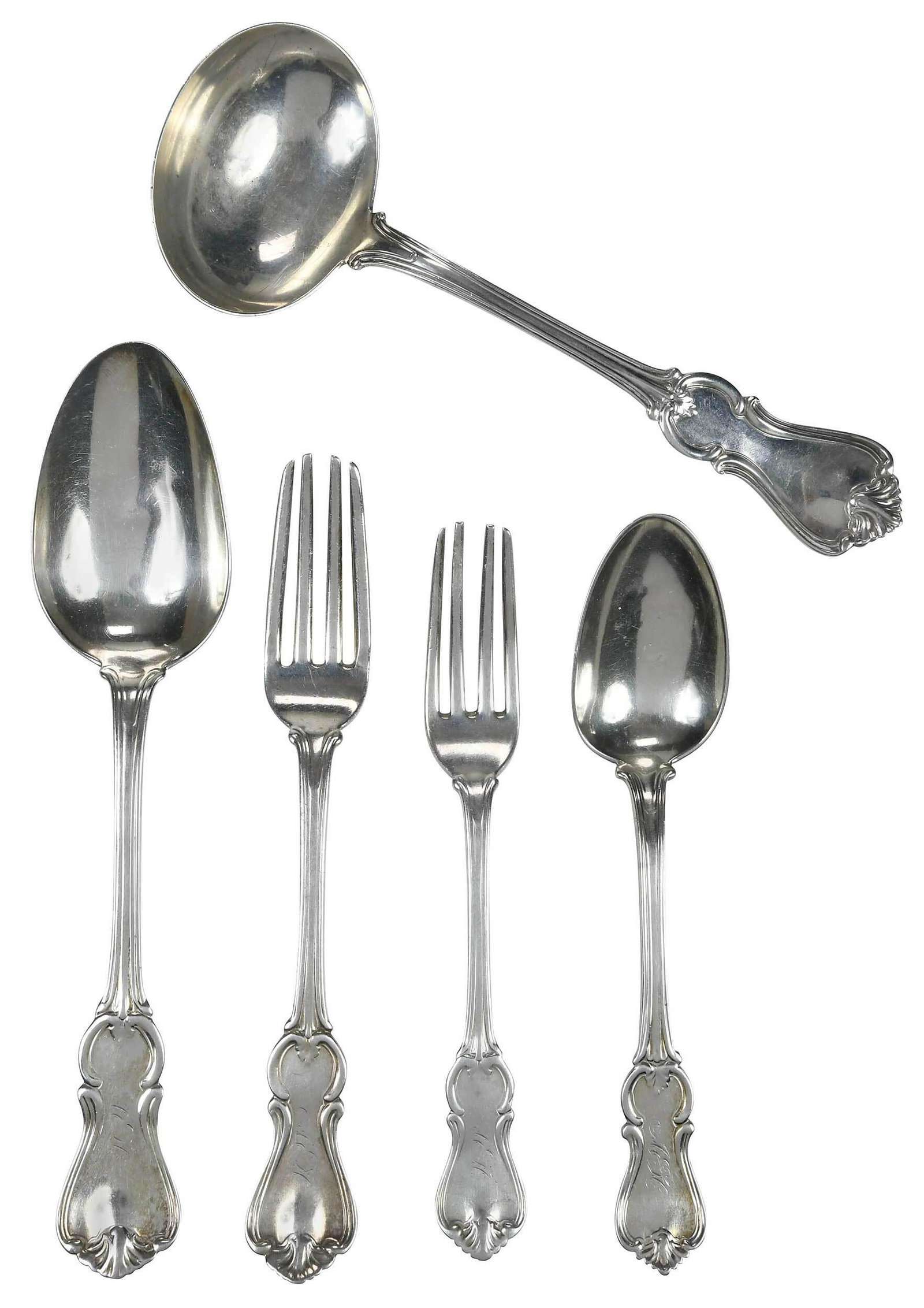 Assembled Set of Charleston Coin Silver Flatware: 19th century, including eight approx. 6-3/4 in. forks; ten 7-5/8 in. forks; 7-3/4 in. fork; 7-3/8 in. fork; two 5-3/4 in. teaspoons; four 6-7/8 in. round soup spoons; four 8-3/8 in. serving spoons; 7-