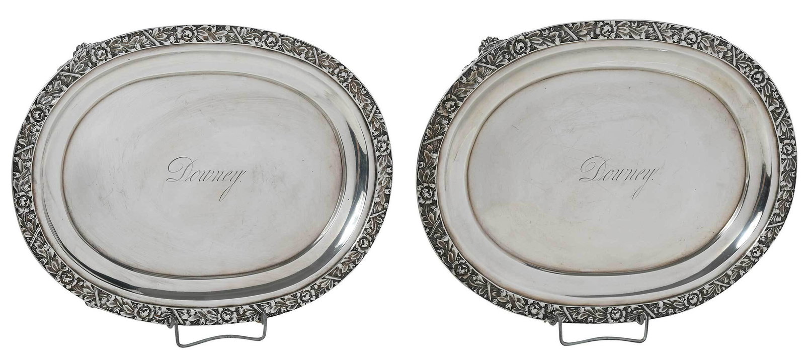 Pair of Coin Silver Salvers, Peter Chitry: American, early to mid 19th century, oval with die rolled border with floral and foliate border, acanthus and paw feet, monogram "Downey", marks for Peter Chitry (New York, NY, working 1812 and 1815-1