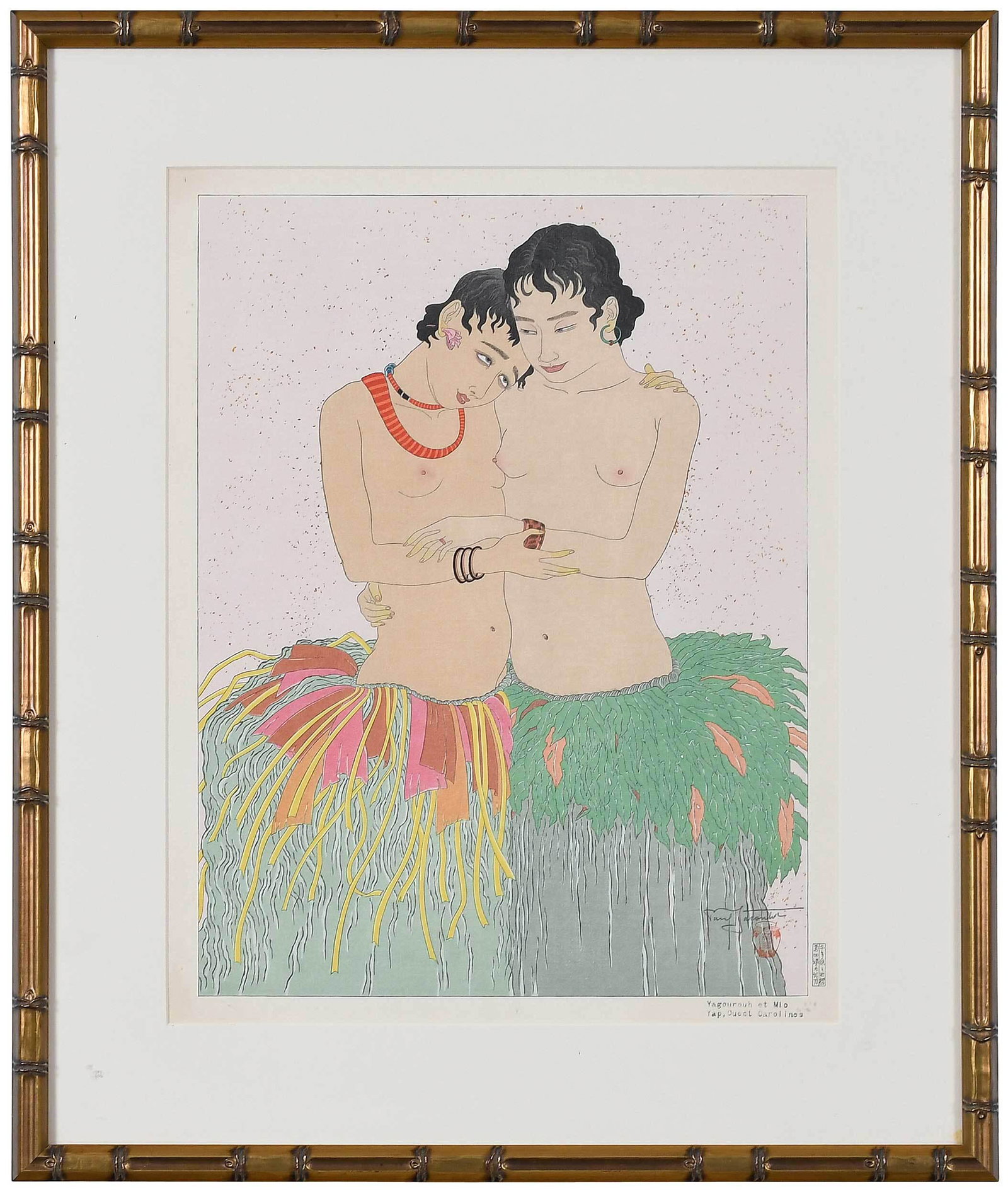 Paul Jacoulet: (French/Japan, 1896-1960) Yagourouh et Mio/Yap, Ouest Carolines, artist's signature and seal lower right, woodblock print with mica, sheet 18-3/4 x 14 in.; carved and gilt wood bamboo style frame, 22-
