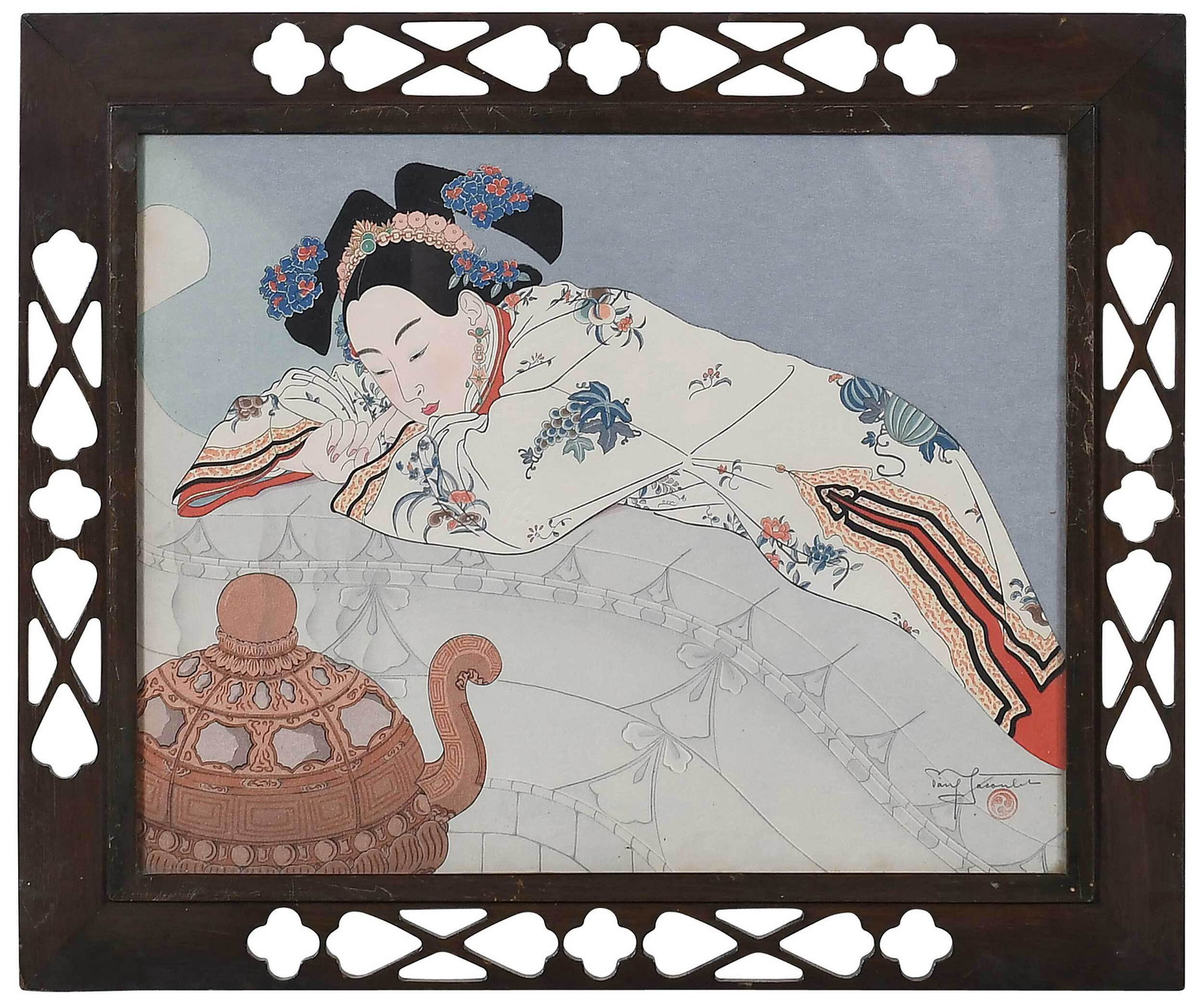 Paul Jacoulet: (French/Japan, 1896-1960) Fumees de Santal, Mandchoukuo, (Sandalwood Smoke, Manchuria), circa 1948, artist's signature and seal lower right, woodblock print, sheet 12 x 15 in.; pierced and painted woo