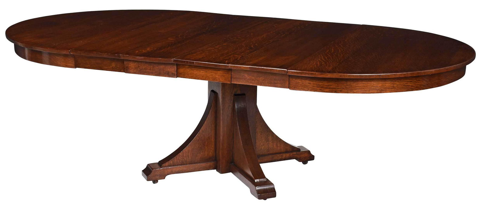 Stickley Brothers Arts and Crafts Oak Dining Table: early 20th century, paper label for Stickley Brothers, oak throughout with circular top opening for four matching leaves, on pedestal base with casters, 30 x 95-1/2 in. with leaves, without 54 in. Pro