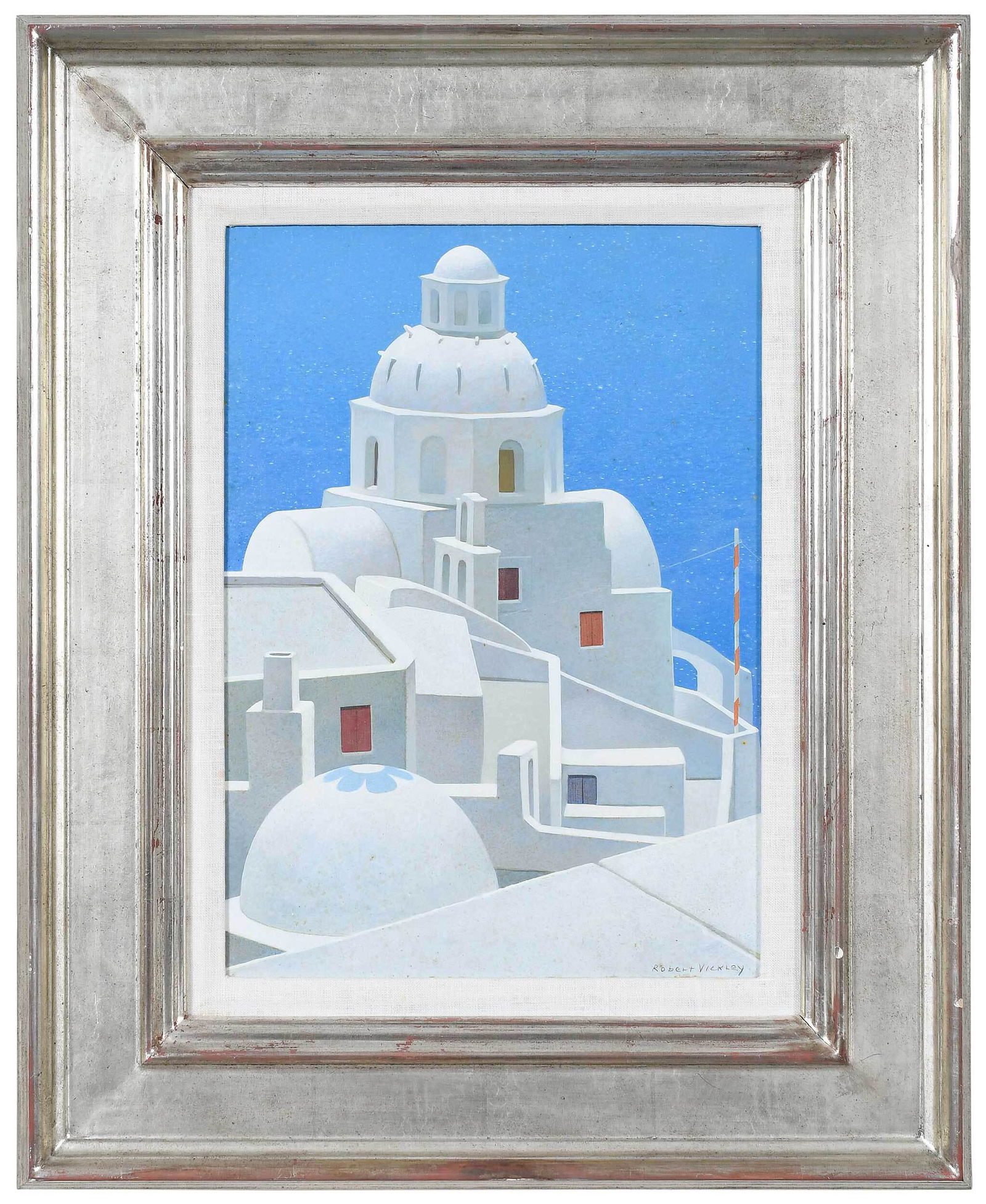 Robert Remsen Vickrey Painting, Greece: (American, 1926-2011) Postcard from Santorini, 1992, signed lower right "Robert Vickrey", egg tempera on gesso panel, 14-7/8 x 10-7/8 in.; silver gilt wood frame, 22-1/8 x 18-1/8 in. Provenance: Harmo