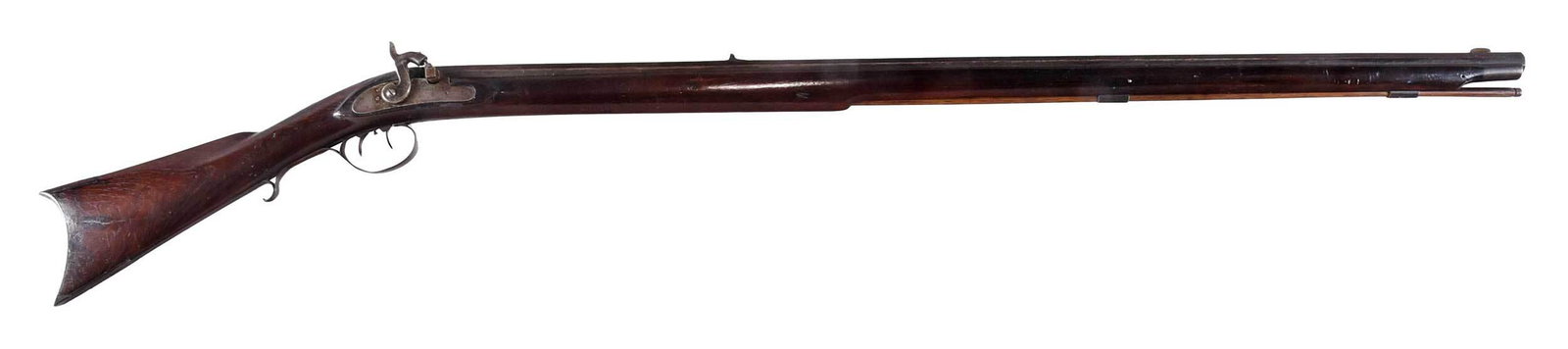 19th Century Percussion Long Rifle: half stock percussion (possibly converted from flintlock), 40 in. octagonal barrel, large bore, double set trigger, lock plate marked ?Atkinson/Warranted?, overall 55 in. length Provenance: Private Co