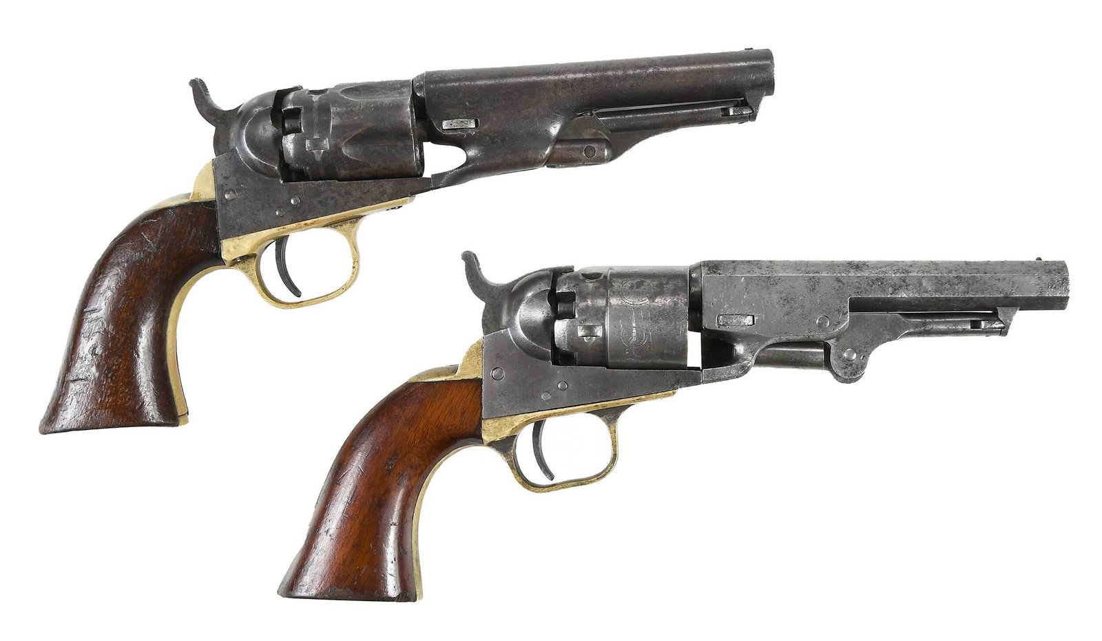 Colt Pocket Navy and Pocket Police Revolvers: Colt model 1862 pocket Navy revolver, .36 caliber stamped on brass trigger guard, 4-1/2 in. octagonal barrel, serial number 15262 on four parts of the frame, 5262 on cylinder and wedge, faint engraved