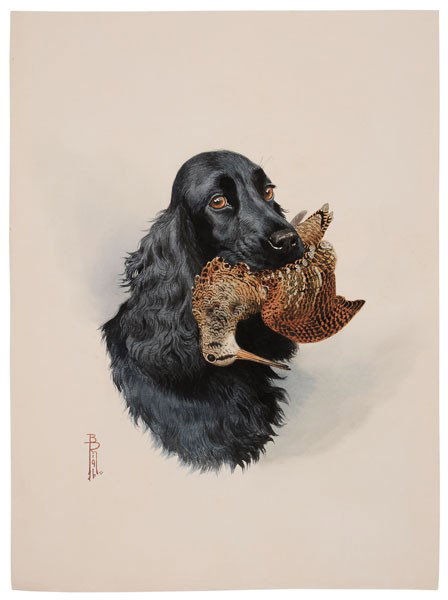 Boris Riab: (French/Russian, 1898-1975), Cocker Spaniel with Woodcock, signed lower left "B. Riab", watercolor on paper, unframed, 18-1/2 x 13-1/2 in., handling crease, small tear left edge, light toning Private 