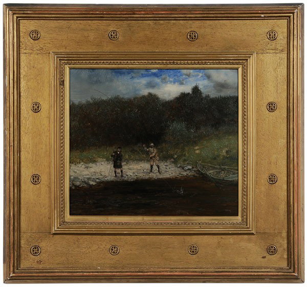 George Henry Boughton: (New York/British, 1833-1905), "Fishing on The Beauly", signed lower left "G.H. Boughton", also signed and titled on original label verso, oil on Winsor & Newton artist board, 12-1/2 x 14-1/4 in.; ori
