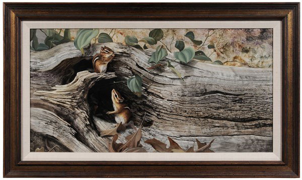 Bob Henley: (Virginia, born 1941), Chipmunks in a Log, 1988, signed lower right "Bob Henley © 88", oil on fiberboard,15 x 28-1/8 in.; gilt wood frame, good condition ; frame with abrasions Private Collection, Le