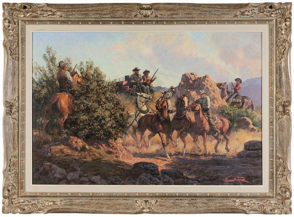 Ernest Tonk: (California, 1889-1968), "Ambushed", signed lower right "Ernest Tonk" and titled on label, oil on Masonite, 24 x 36 in.; painted and gilt wood frame, light grime; frame with abrasions Alex Fraser Gall