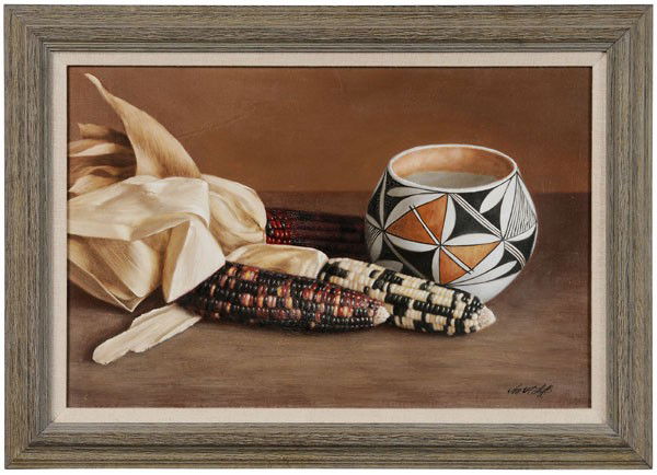 William Acheff: (New Mexico, born 1947), Still Life With Corn and Acoma Pot, signed lower right and verso canvas "Wm. Acheff", oil on canvas, 12 x 18 in.; original distressed wood frame, original stretcher and tackin