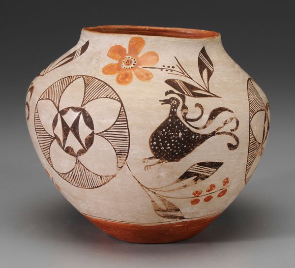 Acoma Earthenware [Olla]: American Southwest, late 19th/early 20th century, polychrome floral and bird motifs on white ground, unsigned, 6-1/4 in., fading and abrasions, grime, base with tape residue