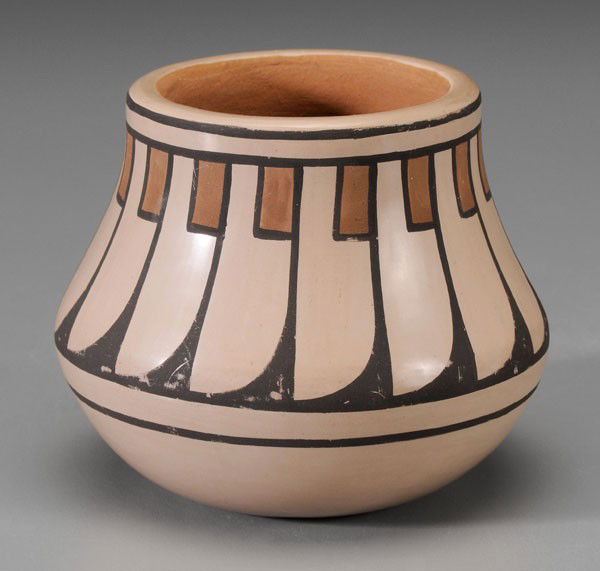 Blue Corn San Ildefonso Bowl: Southwestern United States, 20th century, broad band of decoration on neck and shoulder, signed on base "Blue Corn/San Ildefonso Pueblo" (Crucita Calabaza, 1920-1999), 3-1/2 in., scattered minor abras