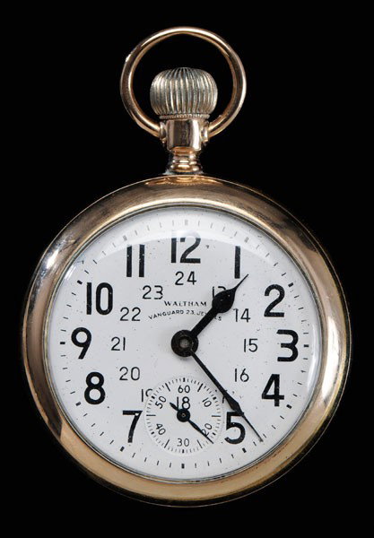 Waltham 23-Jewel Pocket Watch: American, "Vanguard", 14 kt. gold-filled display case, sunken second hand, diamond end stone, serial number 8856270 (1898), size 18, loss to plate, minor wear to case, working at time of inspection Pr