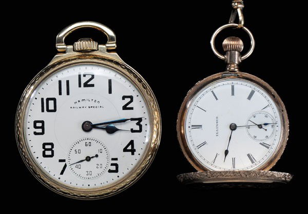 Two Pocket Watches: American: one Hamilton, 21 jewels, 14 kt. gold-filled case, size 16, face with sunken second hand and marked "Hamilton Railway Special"; one Illinois pendant watch with engraved double case, serial nu
