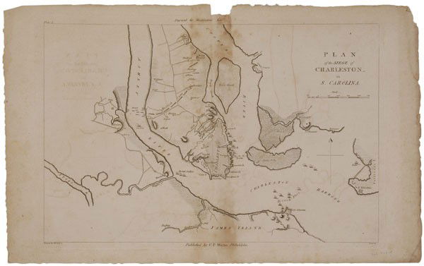 19th Century Map of Charleston, South: Carolina, "Plan of the Siege of Charleston in S. Carolina", from John Marshall's [Life of George Washington,] published by C.P. Wayne, 1807, depicting the June 18, 1776, British attack on Charleston H