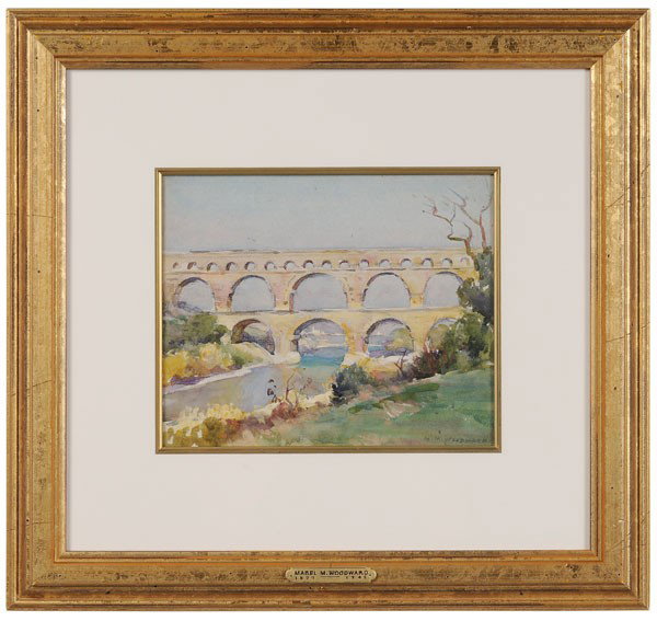 Mabel May Woodward: (Rhode Island, 1877-1945), Roman Aqueduct, Pont du Gard, France, circa 1920, signed lower right "M.M. Woodward", watercolor on paper, 7-3/4 x 9-1/2 in. (sight); fine gilt wood frame, light fading; fra