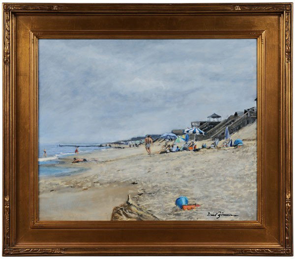 David Zimmerman: (late 20th/early 21st century), Sun Bathers on the Beach, signed lower right "David Zimmerman", oil on fiberboard, 19-7/8 x 23-7/8 in.; carved and gilt wood Arts and Crafts style frame, good condition