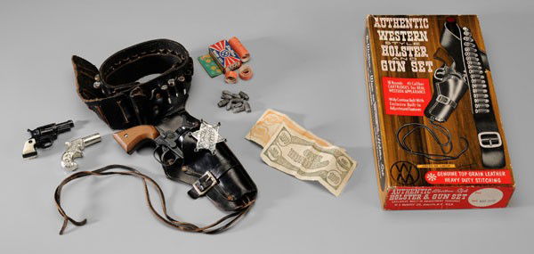 Wyatt Earp Toy Gun and Holster Set: American, mid 20th century, leather holster, stallion cap gun, Wyatt Earp badge, made by W. J. Murphy Co., Asheville, North Carolina; with original box, Stallion caps, plastic bullets, two small cap p