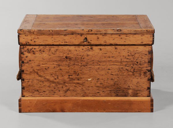 Finely Fitted Sea Chest: British or American, 19th century, sea or tool chest with dovetailed pine box with rope handles, interior with fine mahogany-veneered fittings including nine dovetailed drawers with mahogany linings, 