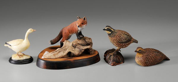 Four Wildlife Miniatures: painted rosin duck, 6 in., [minor paint chips, otherwise good condition;] pair carved and painted quail, glass eyes, male mounted on knot of wood, signed on bases "JG Mann 9/76-4" and "JG Mann 9/76-2"