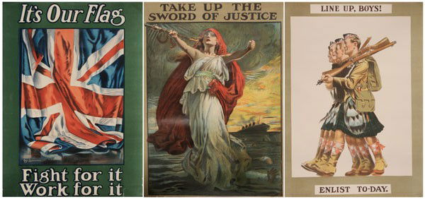 British World War I Recruitment: Posters, British, circa 1915, three chromolithographs backed on linen, published by the Parliamentary Recruiting Committee: "Take Up the Sword of Justice", by Sir Bernard Partridge, Justice rising fro
