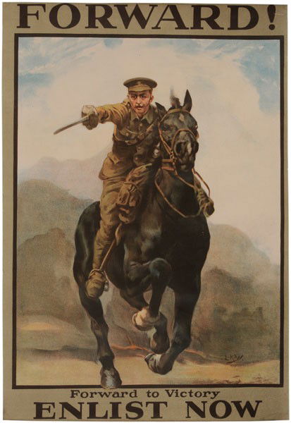 Lucy Kemp-Welch: (English, 1869-1958), World War I poster, "Forward! Forward to Victory, Enlist Now", 1915, cavalryman with saber drawn on charging mount, signed "L-K-W" in print, uncommon state with horse's back hoof
