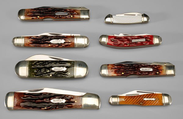 Nine Marbles Pocket Knives: three with original black pouches, three with original boxes, 4-1/2 in. to 9-1/2 in., all in excellent condition Private Collection, Asheville, North Carolina