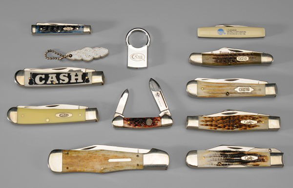 Eleven Case Pocket Knives: 2005 Annual Club Knife; Johnny Cash Commemorative; Sow Belly Midnight; Boy Scouts of America; Louisiana World Exposition, 1983; key ring; single-blade with bone handle, 9-1/2 in. in blue box, in origi