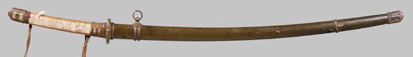 World War II Officer's Sword: Japanese, 20th century, type 98 [shin gunto,] unmarked blade, [nagasa] (blade length) 28-3/4 in., [nagako] (tang) 8-3/4 in., [sori] (curvature) 7/8 in., [hi] (groove), [kaki-nagashi,] hamon (temper li