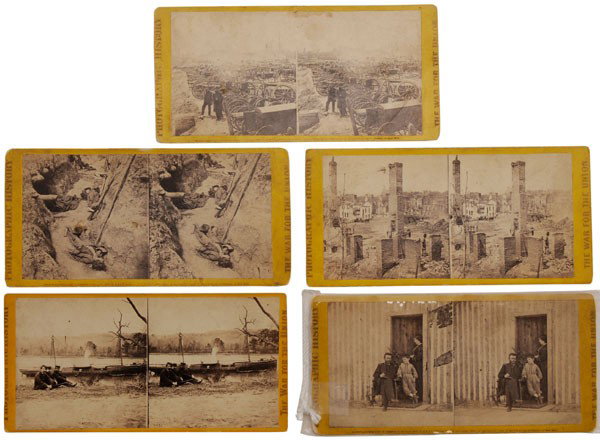 Civil War Stereo Views: "Photographic History - War for the Union", series published by E & H.T. Anthony & Co., New York, 1865, after Brady, 32 stereo views on yellow mounts, images include Union officers, living and decease