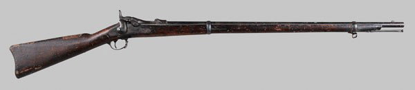 Model 1873 Springfield Rifle: American, trapdoor percussion, 32-5/8 in. barrel, as-found condition, uncleaned, metal parts with scattered light rust, crack across stock at base of tang, no inspector marks or serial number found, l
