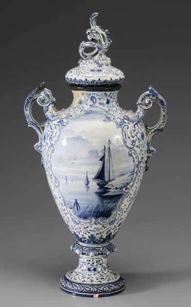 Royal Bonn Delft Urn: German, early 20th century, Delft style decoration with sailing vessels in a harbor, elaborate scroll and floral borders, marked in blue under glaze, 29-1/2 in., neck with 4 x 3 in. repair, repair to 