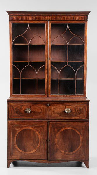 Hepplewhite Inlaid Secretary/Bookcase: British, circa 1800, figured mahogany veneers with rich dark color, upper case with gothic muntins and adjustable shelved interior, lower case with finely fitted secretary drawer with original lock ma