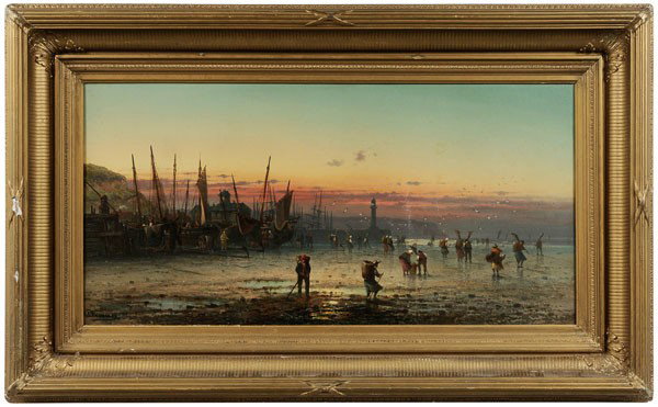 Louis Etienne Timmermans: (Belgian, 1846-1910), Clam Diggers at Low Tide, signed lower left "L. Timmermans", oil on canvas, 15 x 30-1/8 in.; original 19th century gilt wood and composition cove-molding frame, restretched on or