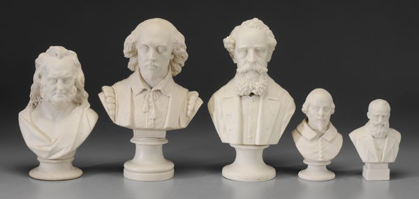 Five Parian Portrait Busts: William Shakespeare, marked "Crystal Palace Art Union" and "Copeland March 1864", 13-1/2 in., [small chip on upper rim of base, otherwise good condition;] bearded gentleman, unmarked, 13-3/4 in.; man 