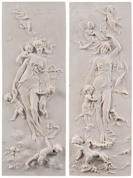 After Francois Duquesnoy: (Flemish, 1594-1644), Neoclassical Figures of Women, pair cast marble relief plaques, signed upper left "Francois Duquesnoy…Paris 1892": one Venus surrounded by cupids, unframed, each 16-1/2 x 6 in.