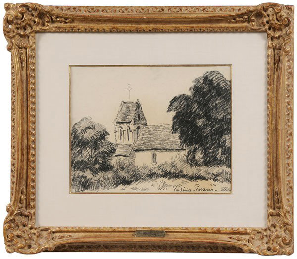 Paul-Émile Pissarro: (French, 1884-1972), [L'église,] signed lower right "Paulémile Pissarro" and titled and numbered verso "53276", charcoal on cream paper, 9-3/4 x 12-3/4 in.; gilt wood frame, hinged in, stain lower r