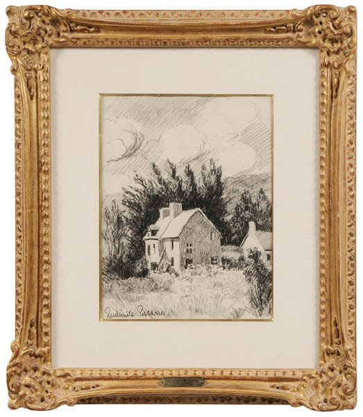 Paul-Émile Pissarro: (French, 1884-1972), [La Maison de campagne", #53277, signed lower right "Paulémile Pissarro" and titled verso, charcoal on cream paper, 12-3/4 x 9-3/4 in.; gilt wood frame, hinged in, toning Findlay