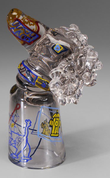Richard Jolley Glass Poodle: (Kansas City, Kansas, born 1952), blue and red teeth, collar with bones, base with fire hydrants, marked at bottom "Richard Jolley Jojo the Proud Poodle 87", 12-1/4 in., base with crack Estate of the 