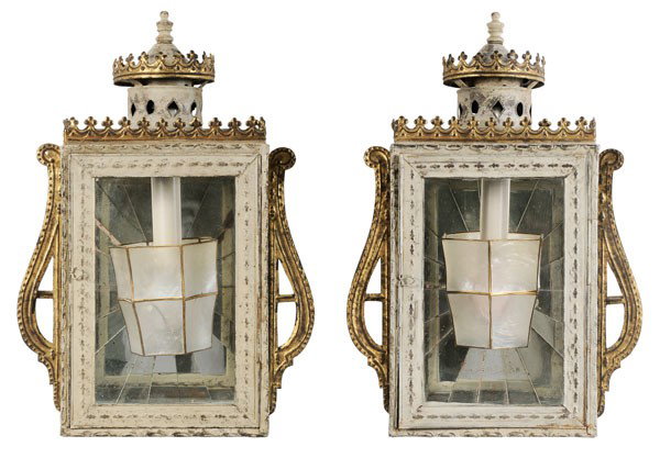 Pair Toleware Mirror-Back Lanterns: British or Continental, early 20th century, rectangular with gilt metal mounts, crown style drop pediment, mirror backs with rayed panels, 19 in.; matching clip-on shades with abalone panels, losses t