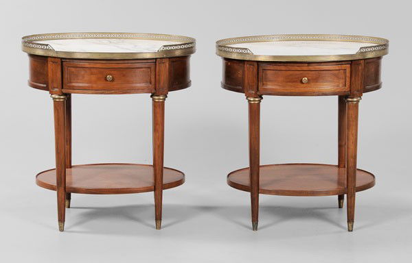 Pair Directoire Style Fruitwood Side: Tables, French, late 20th century, each with oval variegated white marble top with brass gallery surround over single drawer, 28 x 26 x 19-1/2 in., good condition overall, brass with minor dents and p