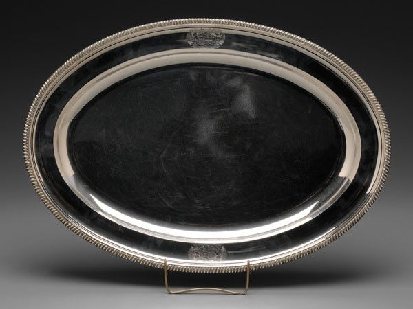 Paul Storr English Silver Tray: London, 1801, oval with gadroon border, marks for Paul Storr, matching heraldic devices, .925 fine, 130.5 oz.T., 23 x 16 in., scratches Estate of the Late Roslyn Sandler, Atlanta, Georgia