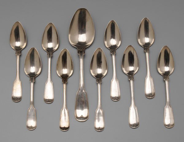 Mobile Coin Silver Spoons: 19th century, upturned fiddle and thread handles with rounded fins, marks for L'Hommedieu Brothers (John A. and William, Mobile, Alabama, working 1830-1868), monogram on backs "HMWR", 8.8 oz.T., one 8