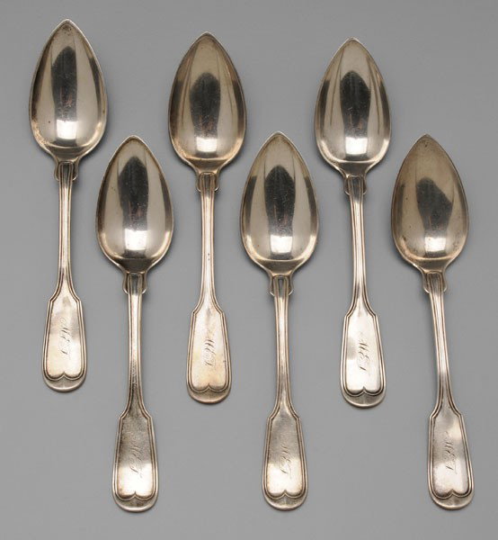 Six Virginia Coin Silver Spoons: American, fiddle and thread handle, rounded fins, marks for Mitchell & Tyler (Richmond, Virginia, working 1845-1866), monogram, 9.6 oz.T., 7 in., good condition Private Collection, Asheville, North Ca