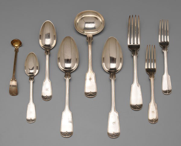 Ball, Black & Co. Silver Flatware: New York City, working 1851-1876, 69 pieces sterling with some "950", fiddle and thread design, monograms, 96.41 oz.T. excluding hollow-handle items; detailed list available Private Collection, Ashevi